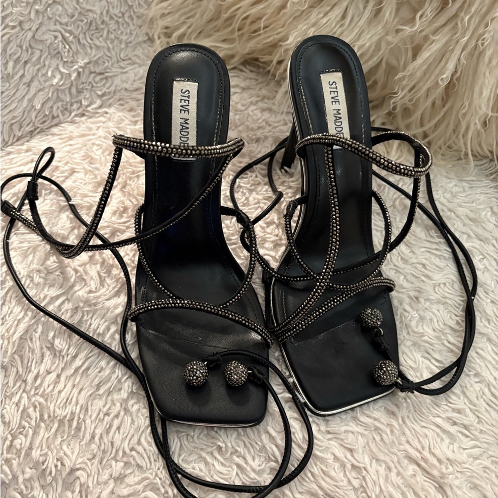 Steve Madden Black Rhinestone Lace-Up Heeled Sandals